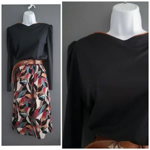 Vintage 70s 80s Black Abstract Leaf Pattern Midi Blouson Dress 10 12 Medium - Picture 1 of 7