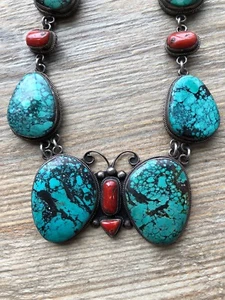 2a Euc Tibetan Butterfly 325 Silver Turquoise Coral Necklace One Of A Kind - Picture 1 of 7