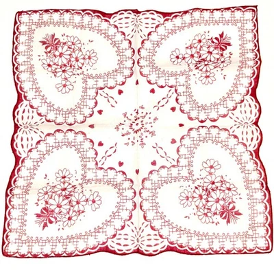 Vintage Valentine's Red Hearts and Daisies Lady's Hankie 14" Square Handkerchief - Image 1 of 3