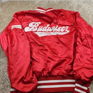 Chaqueta Bomber Vintage Roja Varsity Budweiser Hecha en EE. UU. Para Hombre Talla L Defecto Satinado - Imagen 1 de 14