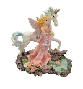 Vintage 1990er Resin Fee Prinzessin und Einhorn Figur am Wasser - Bild 1 von 5