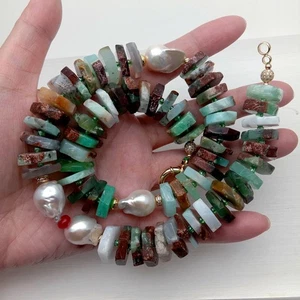 21" Natural Green Chrysoprase Cultured White Baroque Pearl Choker Necklace - Picture 1 of 5