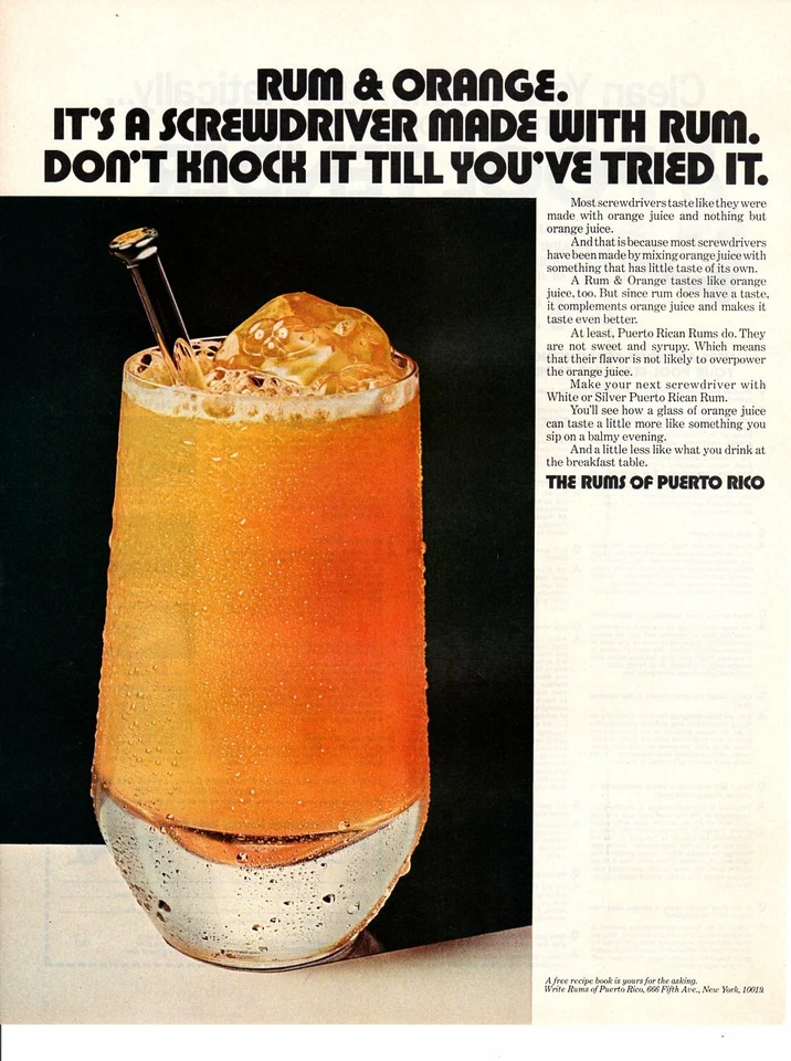 Vintage Publicidad Impresión Alcohol Ron Puertorriqueño y Destornillador Naranja 1971 Foto 1 de 1