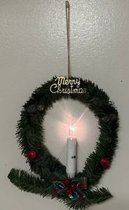 Vintage Lighted Candle Merry Christmas Wreath Hanging Window Decor NEW NOS - Picture 1 of 10