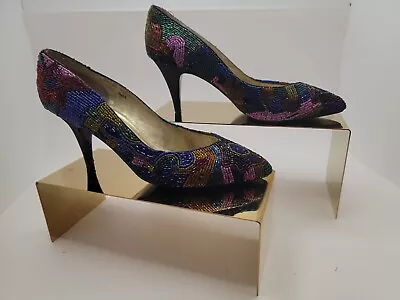 复古 Caparros 女式星光多色串珠高跟鞋 7.5AA — 第 1/4 张图片