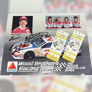 Neil Bonnett 2X 1990 TICKET STUBS & 1989 WOOD BROS HERO CARD autographed LOT