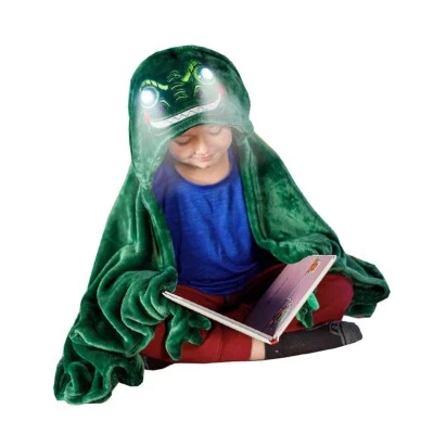 PLAID PONCHO DINOSAURO CAPPUCCIO MANTELLA COPERTA MANI LUCE LED BAMBINO SC0