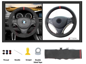 Black Alcantara Hand-stitched Suede Steering Wheel Cover For BMW E90 E92 335i - Picture 1 of 4