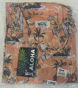 ALOHA by UZZI Men's Hawaiian,collared,button up shirt- orange w/palm tree-LARGE - Picture 1 of 6