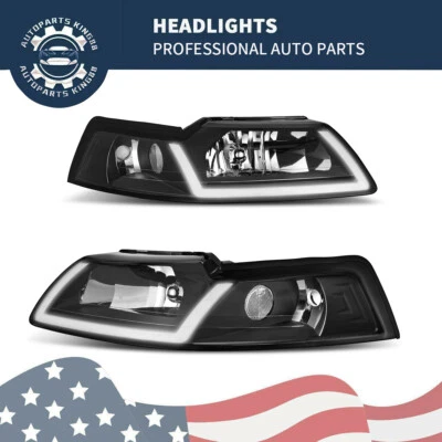 For 99-04 Ford Mustang GT SVT Cobra LED DRL Black Headlights Headamps Pair Set - Image 1 of 4