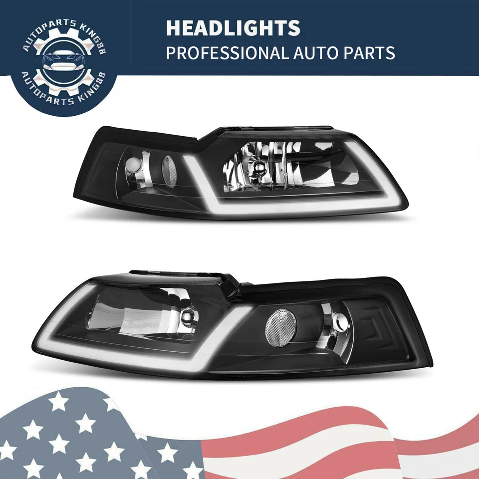 For 99-04 Ford Mustang GT SVT Cobra LED DRL Black Headlights Headamps Pair Set - Image 1 of 4