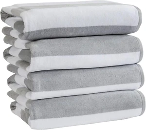 100% Cotton Velour Cabana Stripe Beach Towel Set 30" X 60" - Ultra Soft, Plush, - Picture 1 of 12