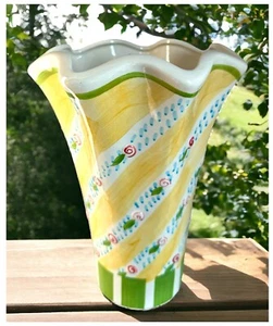 Vintage 90s Ceramic Spring Floral Vase Scalloped Edge Yellow Green Easter Decor - Picture 1 of 12