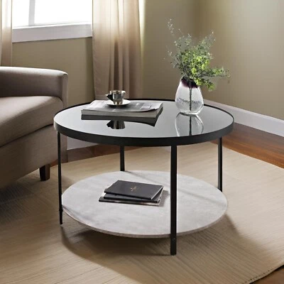 Coffee Table with Concrete Effect Shelf Black Glass Top Round Living Room Table - Image 1 of 4