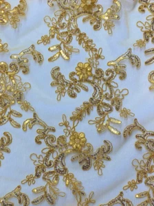 Golden yellow corded Floral lace with sequin Fabric Sold By Yard 52" Wide Elena - Picture 1 of 1