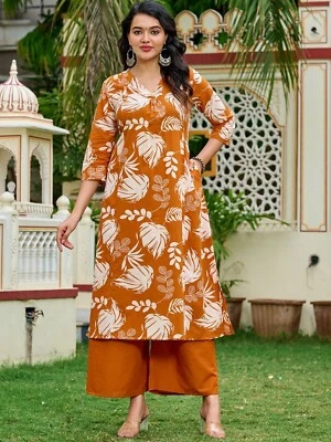 Mujeres Indias Óxido Algodón Puro Floral Estampado Cuello en V Nuevo Kurta con Conjunto Palazzo Foto 1 de 4