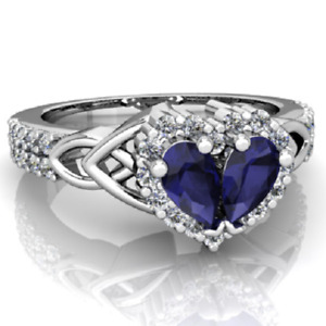 2 Pear Cut Blue Sapphire & Round Cut White CZ 0.80 Carat Women's Engagement Ring