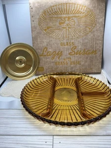 Indiana Glass 2pc Gold Glass & Brass Lazy Susan with Original Box #7318 Vintage - Picture 1 of 7