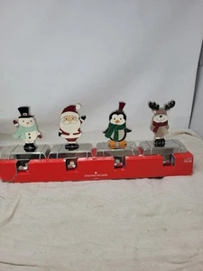 Vintage Stocking Holders 4 Enamel On Metal Santa,snowman,Penguin,reindeer - Picture 1 of 14