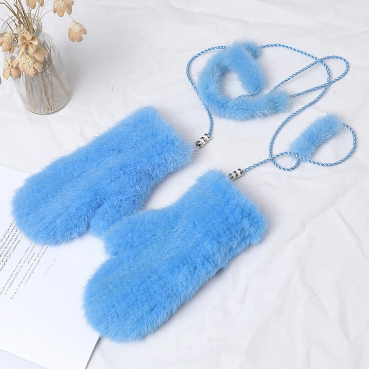 Women's Real Mink Fur Gloves Knitted Warm Wrist Stretch Mittens Sleeves W String - Изображение 1 из 4