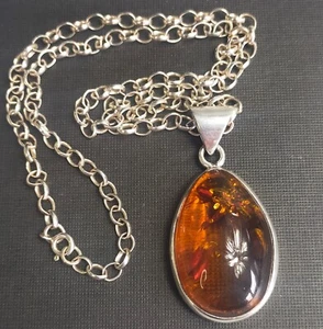 Large Amber Pendant 925 Sterling Silver & Heavy Silver Belcher Chain Statement - Picture 1 of 5