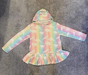 Girls Dinosaur Rainbow Stripes Hooded Sweatshirt with Ruffle Hem Size 10 - Picture 1 of 8