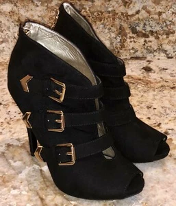 GUESS Stellar Black Gold Suede Open Toe 3 Buckle Bootie High Heels NEW Womens 6 - Picture 1 of 9