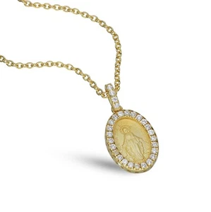 Miraculous Medal Pendent Necklace 18k Gold plated Silver CZ Virgin Mother Mary - Picture 1 of 15