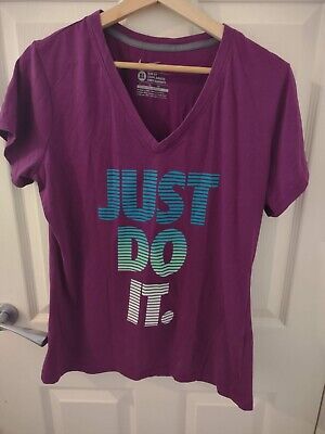 NIKE Womens T-Shirt JUST DO IT VERY GOOD XL Purple V Neck R • 8.40€