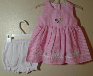 New Pink Seersucker Furry Easter BUNNY RABBIT Dress w/ Bloomers, Sz 12 Months - Picture 1 of 3