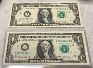 USA 1 Dollar Green Seal 2x Sequential 2013 #I25531642B & I25531643B - Picture 1 of 2
