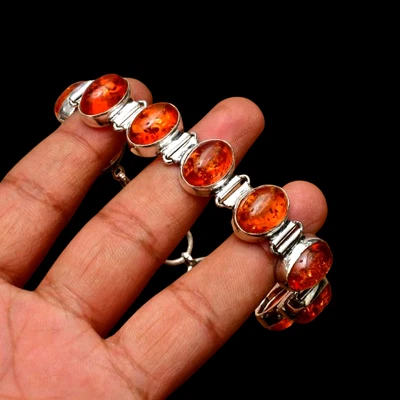 Brazalete de joyería hecha a mano de plata de ley 925 con piedras preciosas de ámbar báltico (creado en laboratorio) Foto 1 de 4