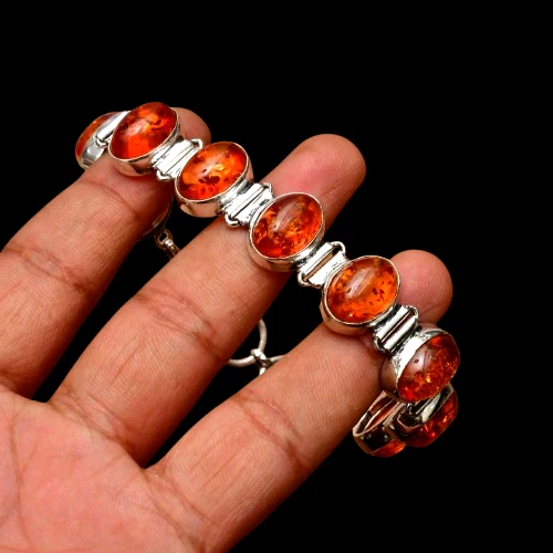 Brazalete de joyería hecha a mano de plata de ley 925 con piedras preciosas de ámbar báltico (creado en laboratorio) Foto 1 de 4