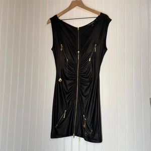 Vintage Y2K Rocawear Black Bodycon Mini Dress Gold Zippers Chains Size M Goth - Picture 1 of 13