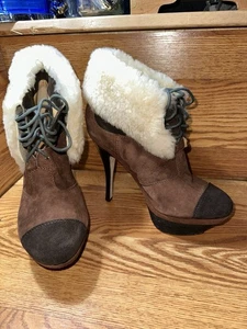 L.A.M.B. Shearling Brown Suede Leather Platform Heeled Lace Up Winter Stripper - Picture 1 of 7