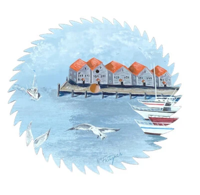 William Fritzsch Jr (1939-2018) Saw Blade Oil Seaside Pier Harbor Boats Seagulls - Image 1 of 4