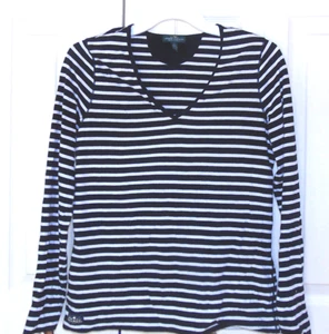 LRL Ralph Lauren Jeans Navy  White Striped V-neck Cotton Long Sleeve T-shirt Med - Picture 1 of 3