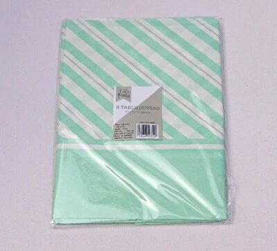 2 PAPER TABLE COVERS MINT GREEN & WHITE Diag Stripe 90 x 90cm BABY SHOWER Party - Image 1 of 3