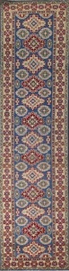 Geometric Blue Super Kazak Runner Rug 2' 7" x 13' 2" Hand-knotted Hallway Carpet - Picture 1 of 12
