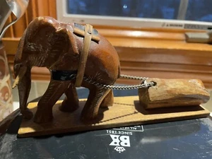 Vintage Hand Carved Wood Elephant Pulling a Log - Picture 1 of 2