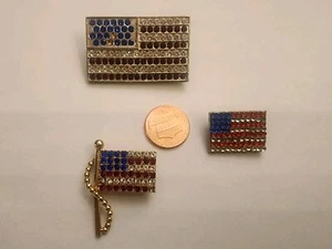 Lot of 3 Patriotic Brooch Gold Tone American Flag Rhinestones Pins - Picture 1 of 6