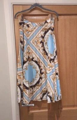 WOMEN'S BLUE CHAIN PRINT SKIRT SIZE 12 MIDI F&F PLEATED SUMMER HOLIDAY - Image 1 of 4