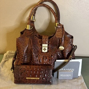 BRAHMIN Elisa Handbag And Wallet Satchel Pecan Melbourne Leather W Dust Bag EUC - Picture 1 of 24