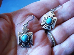 1 1/2" Dangle Southwest Native Style Thunderbird & Turquoise SP Earrings - Picture 1 of 4