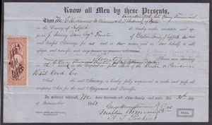 Documento patrimonial con sello de ingresos re: 20 acciones Boston & Providence RR 11/30 1863 - Imagen 1 de 1
