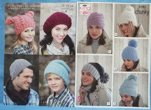 2x KING COLE 5185 HAYFIELD 7124 CHUNKY ARAN CHILD ADULT HATS KNITTING PATTERNS - Picture 1 of 9