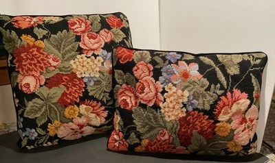 Needlepoint Throw Pillows Wool Floral Pink Roses Pansy’s Shabby Chic Cottage (2 - Image 1 of 4