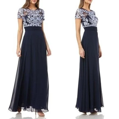 NWT JS Collections Embroidered Illusion Bodice Gown Floral Chiffon Maxi Blue 8 - Image 1 of 4