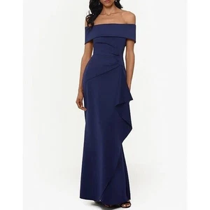 Xscape Womens Navy Ruffled Off-The-Shoulder Evening Dress Gown 6 NWOT $199 - Picture 1 of 8