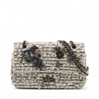 Bolso Chanel Matelasse 2.55 Mini Tweed Solapa Única Doble Cadena Blanco X Negro Plateado Foto 1 de 4